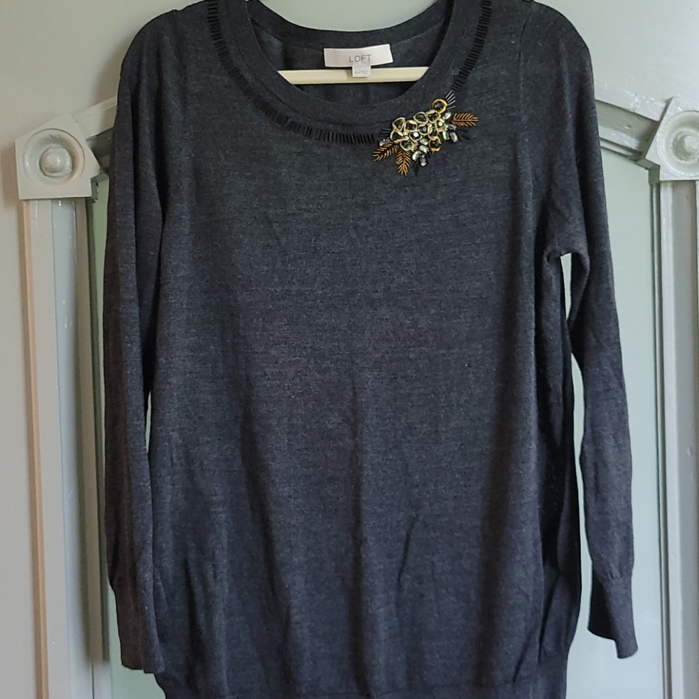 Charcoal gray thin maternity sweater with beading
